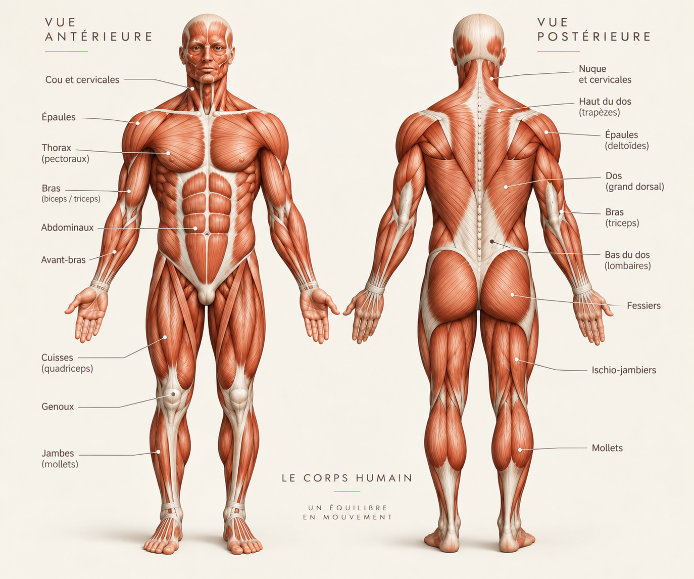 Anatomie musculaire antérieure et postérieure du corps humain